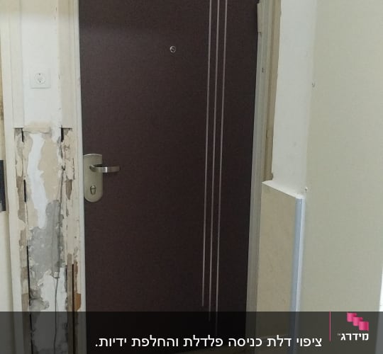 דלת חומה עם ידית כסופה ופסים לבנים